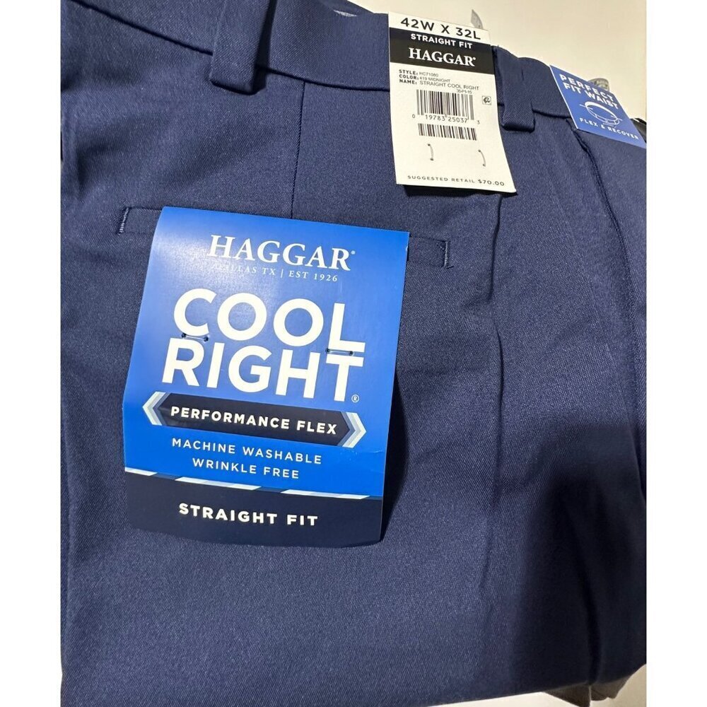 Haggar Mens Cool Right Performance Flex Straight Fit Navy Pants 42W X 32L Machin